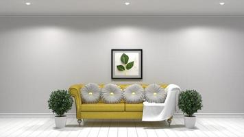 White living room interior design, Yellow fabric sofa ,lamp and plants and frame on empty white wall .3D rendering photo