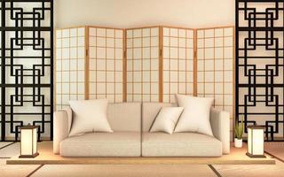 Sofá de madera de diseño japonés, en la habitación, piso de madera de Japón. Representación 3d foto