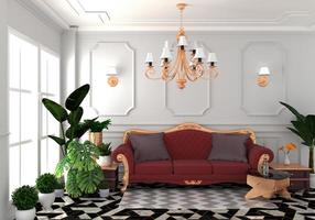 Interior living luxury classic style, decoration white wall on granite tiles, 3D rendering photo