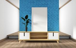 Diseño de gabinete, sala de estar moderna con pared de ladrillo azul sobre piso de madera blanca. Representación 3d