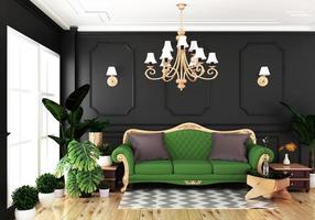 Interior living luxury classic style, decoration black wall on wooden floor, 3D rendering photo