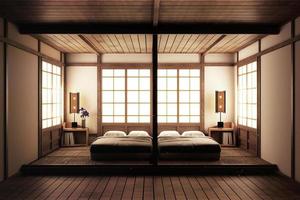 Bedroom. zen style bedroom. serene bedroom. Wood bed with tatami floor japanese style. 3D rednering