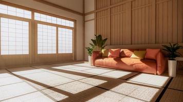 Sofá naranja de estilo japonés en la habitación de Japón y el fondo blanco proporciona una ventana para editar. Representación 3D