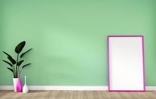 empty room with pink frame on hardwood floor and green wall 3D rendering photo