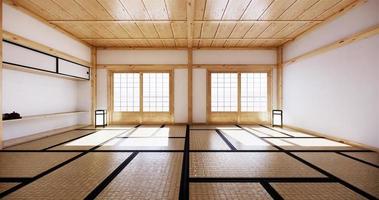 diseño de interiores, sala de estar vacía moderna con mesa, piso de tatami. Representación 3d