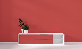 cabinet in modern living room with lamp,cabinet,frame and plant on coral wall background,3d rendering photo