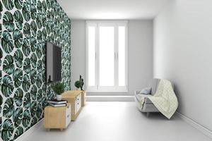 Smart Tv Mock-up on green wall in modern tropical interior. 3d rendering photo