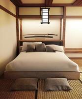 El interior de la habitación con cama japonesa tiene lámpara, espada katana y almohada. Representación 3d foto