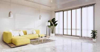 interior, sala de estar moderna minimalista tiene un sofá amarillo en la pared blanca y piso de baldosas de granito. Representación 3D foto