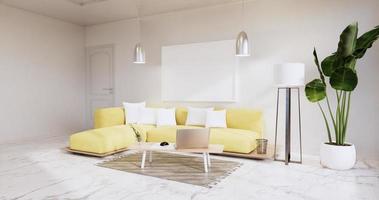 interior, sala de estar moderna minimalista tiene un sofá amarillo en la pared blanca y piso de baldosas de granito. Representación 3D
