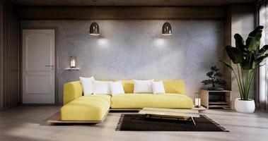 interior, sala de estar moderna y minimalista con sofá amarillo en la pared del concierto y piso de baldosas de granito. foto