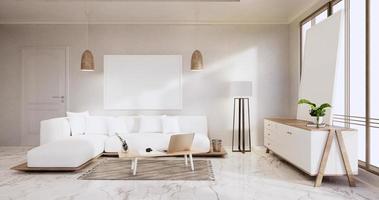 interior, sala de estar moderna minimalista tiene sofá en la pared blanca y piso de baldosas de granito. Representación 3D foto