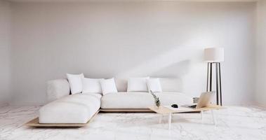 interior, sala de estar moderna minimalista tiene sofá en la pared blanca y piso de baldosas de granito. Representación 3D foto