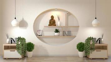 maqueta de pared blanca habitación vacía con libro y jarrón y plantas en el gabinete, decoración en el diseño de la pared del estante estilo japonés. Representación 3d foto