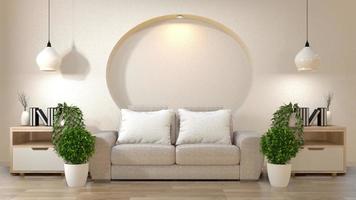 Living room zen interior decoration on shelf wall mock up with sofa and pillows on white.3d rendering photo