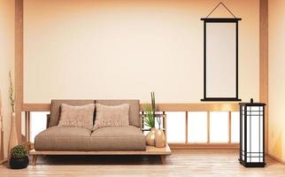 Sofá de diseño japonés de madera, en la habitación, piso de madera japonés y lámpara de decoración y jarrón de plantas. Representación 3D foto