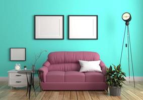 Green mint wall with sofa sideboard on wood floor interior. 3D rendering photo