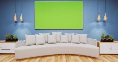 Living Room with whiteboard on wall room color blue.3D rednering