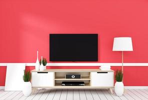 TV on cabinet in modern living room with lamp,plant on red wall background,3d rendering photo