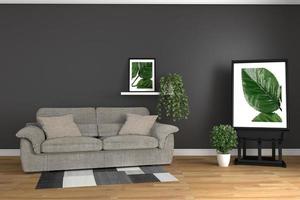 The interior has a sofa and plants on empty white wall background,3D rendering photo