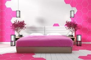 diseño de dormitorio blanco moderno azulejo hexagonal rosa - estilo zen representación 3d foto