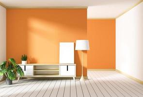 Mueble para tv en habitación roja moderna, diseños minimalistas, estilo zen. Representación 3d foto