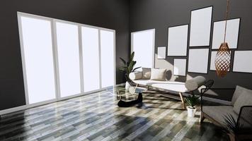 interior moderno con sofá y sillón en la habitación oscura pared y piso de baldosas de madera. Representación 3d foto