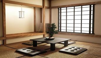 maqueta, diseñada específicamente en estilo japonés, sala de estar. Representación 3d