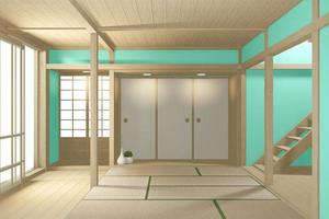 Habitación grande vacía estilo tropical japonés. Representación 3d