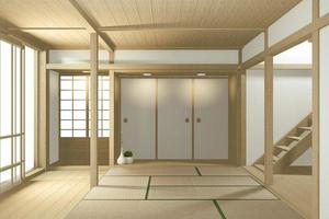 Habitación grande vacía estilo tropical japonés. Representación 3d