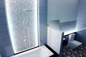 Bright bathroom Design tiles blue modern style. 3D rendering photo