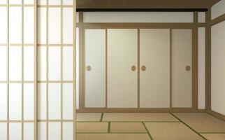 Nihon room design interior with door paper and cabinet shelf wall on tatami mat floor room japanese style. 3D rendering photo