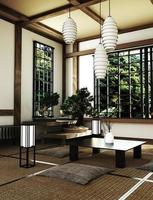 Living de diseño de interiores con mesa, piso de tatami. Representación 3d foto