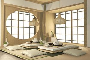 Diseño de interiores tropical con sofá para sala de estar estilo japonés. Representación 3d foto