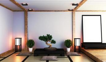 Sala de estar japonesa con lámpara, armazón, mesita baja negra y bonsái en sala pared blanca en piso tapete de tatami. Representación 3d foto