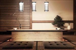 maqueta - sala de estar con lámpara, decoración de mesa de madera y árbol bonsai. Representación 3d foto
