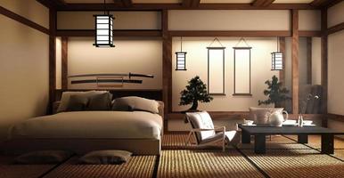 diseñado específicamente en la habitación de la cama de estilo japonés y la decoración de estilo japonés. Representación 3d foto