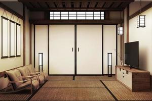 TV in modern white empty room interior,Designed for Japanese style lovers. 3D rednering photo