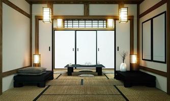 Diseño de interiores de habitación grande en living moderno con mesita baja negra, lámpara, jarrón y decoración estilo japonés. Representación 3d foto