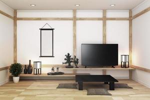 tv en la moderna habitación blanca vacía y decoración de estilo japonés. Representación 3d foto