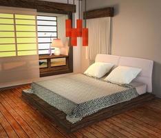 dentro del dormitorio - estilo japonés, piso de madera sobre fondo de pared blanca. Representación 3d foto
