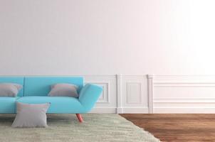 Living Room Interior with blue sofa and carpet, wooden floor on empty white wall background. 3D rendering photo