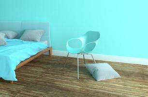 interior de la habitación de la cama con cama azul y almohada con silla azul, piso de madera sobre fondo de pared azul. Representación 3d foto