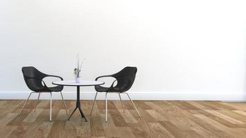 Two chairs and Dining table, wooden floor and whitte wall. 3D rendering photo