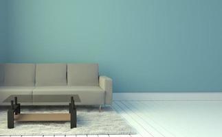 interior de la sala de estar con sofá gris y alfombra, fondo de pared azul claro. Representación 3d foto