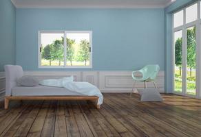 interior de la habitación de la cama con cama blanca con silla verde claro y almohada, piso de madera y fondo de pared de menta azul claro. Representación 3d foto