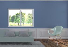 interior de la sala de estar con sofá azul claro y dos almohadas con silla verde claro y alfombra, piso de madera sobre fondo de pared azul vacía. Representación 3d foto
