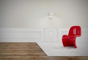 The living room has a beautiful red chair, wooden floor and white wall, 3D Render Image photo