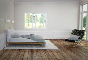 interior de dormitorio con cama blanca y alfombra con lámpara y sofá, piso de madera y fondo de pared negra. Representación 3d