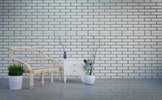 Interior de loft moderno, sala de estar, mesa y plantas sobre fondo de pared de ladrillos grises brillantes, representación 3d foto